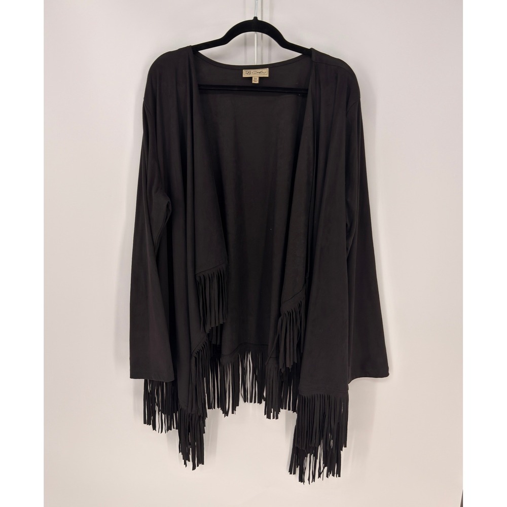 DG2 Diane Gilman Cardigan Women 3X Black Fringe Faux Suede Western Boho Festival